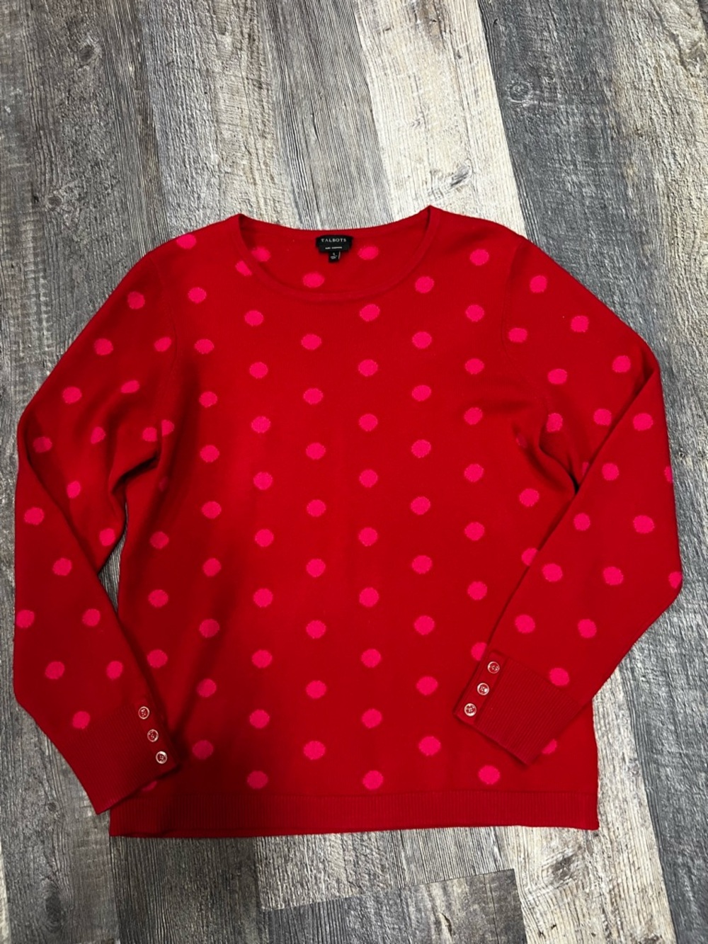 Talbots Red Crewneck Sweater with Pink Polka Dots 100% Cashmere